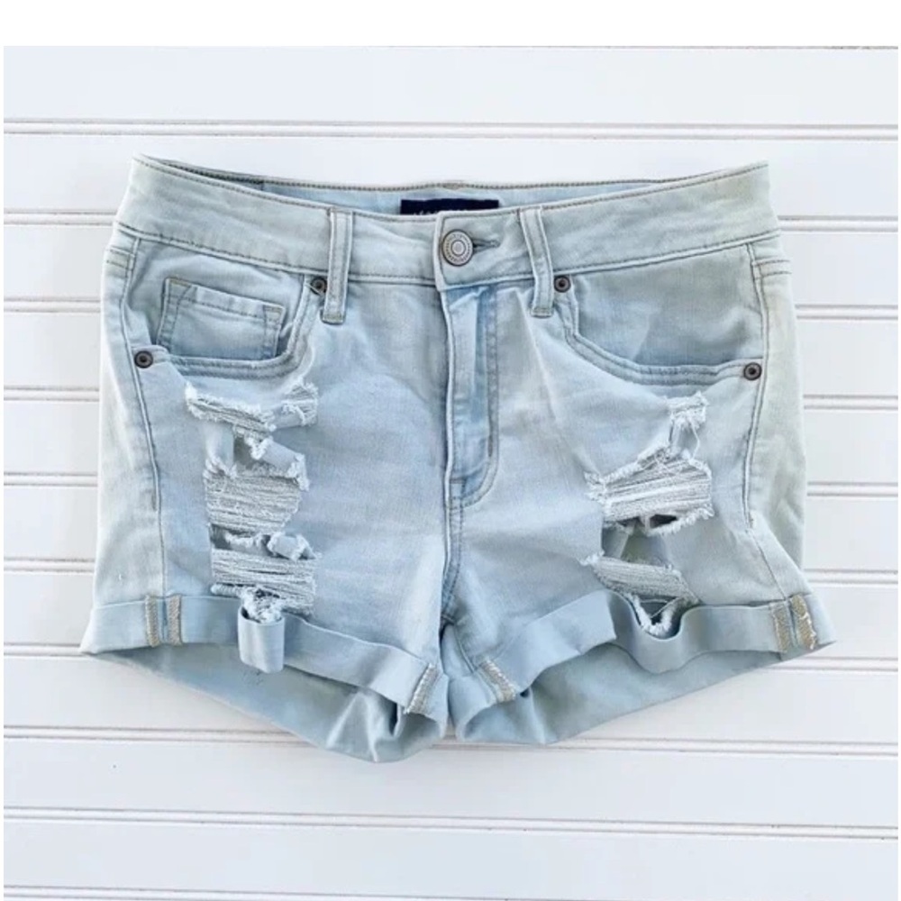 Aeropostale Denim Shorts Size 6 High Waisted Midi Distressed Light Wash Cuffed